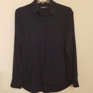 Lauren Navy viscose blouse, traditional cut, long sleeve